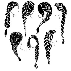 Set of braids silhouettes, beautiful female hairstyle with braiding - obrazy, fototapety, plakaty