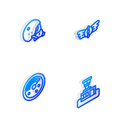 Set Isometric line Aviation emblem, Modern pilot helmet, Radar with targets monitor and Airport control tower icon. Vector