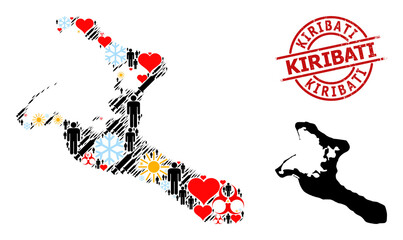 Textured Kiribati stamp, and winter demographics syringe collage map of Kiribati Island. Red round stamp seal includes Kiribati tag inside circle.