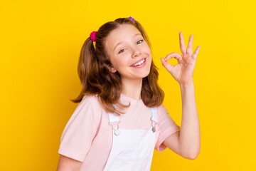 Photo portrait schoolgirl with tails showing okay sign isolated bright yellow color background