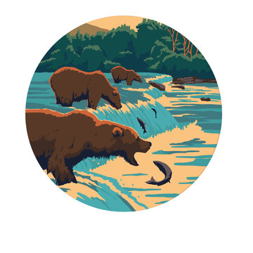 recommend clip art: Badge bears spawning in water catch and eat fish landscape illustration