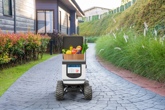 Autonomous robots deliver food to customers, Smart artificial intelligence technology concept