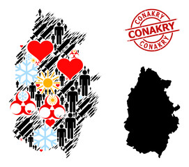 Textured Conakry badge, and winter population vaccine mosaic map of Lugo Province. Red round badge includes Conakry title inside circle. Map of Lugo Province mosaic is formed with winter, sunny, love,