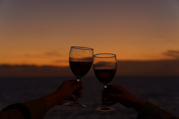Sangria (wine) glass at sunset in Canary islands, Tenerife Spain