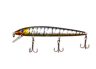 Silver lure for fishing on a white background, isolate. Close-up