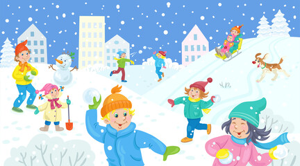 Winter fun. Happy children play snowballs, sledding, make a snowman in the winter city. Banner in cartoon style. Vector flat illustration