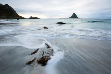 Autumn landscape and beach in Lofoten Islands, Northern Norway