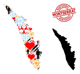 Rubber Montserrat stamp seal, and sunny man inoculation collage map of Kerala State. Red round stamp seal contains Montserrat tag inside circle. Map of Kerala State mosaic is created of winter, sunny,