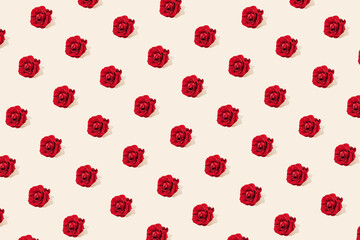 Floral pattern made of red rose flowers with sunlight shadow on bright beige background. Minimal nature concept.