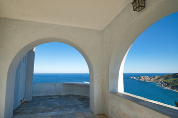 Chapel overlooking the Aegean Sea, Skiathos island, Greece