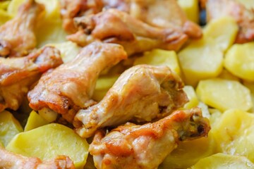 Chicken tasty spicy snack roasted. chips fried.