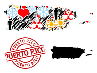 Textured Puerto Rico stamp seal, and spring man vaccine collage map of Puerto Rico. Red round stamp includes Puerto Rico title inside circle. Map of Puerto Rico collage is formed from winter, weather,