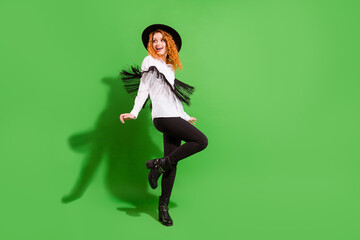 Full length body size view of attractive cheerful girl having fun celebrating festal day isolated...