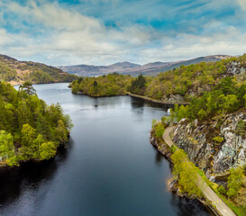 An aerial view across Loch Katrine in the Scottish Highlands on a summers day