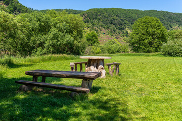 A table made of a tree trunk with a concrete top and wooden seats and long tree table standing on a meadow by the river.