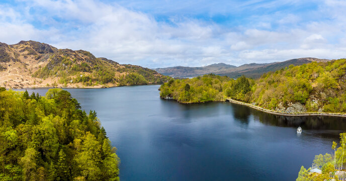 An aerial view towards the western shore of Loch Katrine in the Scottish Highlands on a summers day
