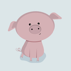 Pink pig on blue background illustration.