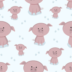 Pattern of pink pig on blue background. vector illustration.