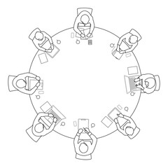 Line art drawing of business meeting top view on circle table conference office team .vector illustration