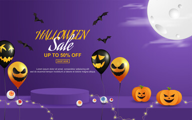 Sale halloween background. halloween offer design template with podium display product.