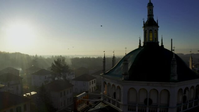 Crespi d&rsquo;Adda sunrise Aerial footage drone view of historic/old worker village // no video editing
