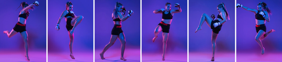 Portraits of one athletic girl MMA fighter isolated on blue background in neon light. Collage