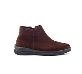 brown warm men's shoes from nubuck on a white background, side view, isolate.