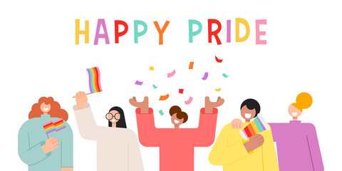 Naklejka na ściany i meble Happy pride concept with happy people character. LGBTQ people celebrating happy pride month. Vector illustration.