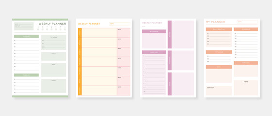 Modern planner template set. Set of planner and to do list. Monthly, weekly, daily planner template. Vector illustration.
