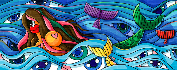 mermaid and fish in the sea life paint creative design illustration background