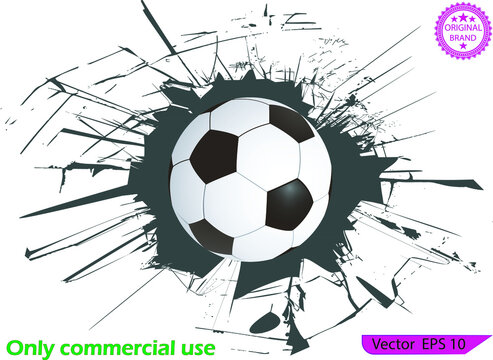 Sport vector illustration with soccer ball coming in cracked wall. Soccer ball and a crack on the glass on transparent background. High resolution. Soccer ball breaking the wall.
