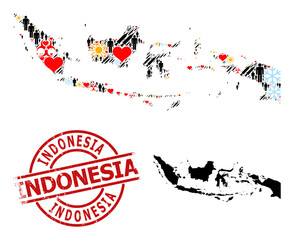 Scratched Indonesia stamp seal, and sunny customers inoculation mosaic map of Indonesia. Red round seal includes Indonesia tag inside circle. Map of Indonesia mosaic is constructed of frost, sunny,