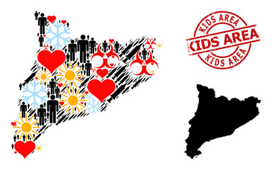 Rubber Kids Area stamp seal, and frost people syringe collage map of Catalonia. Red round seal has Kids Area tag inside circle. Map of Catalonia collage is composed from frost, weather, heart,