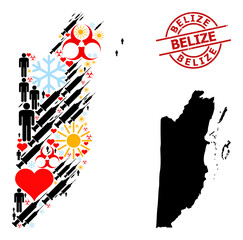 Grunge Belize badge, and lovely man Covid-2019 treatment mosaic map of Belize. Red round seal contains Belize tag inside circle. Map of Belize mosaic is made of frost, sunny, heart, man, treatment,