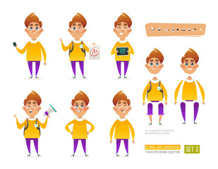 Cartoon Pupil School boy set Character for your scenes design and animation. Face with different emotions and parts of body elements. Cute Boy character with sign back to school on white background