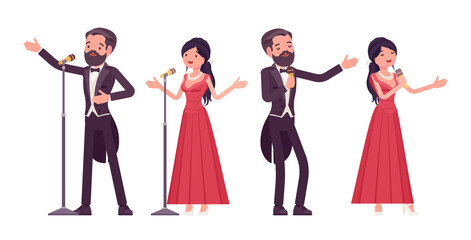 Musician, elegant man and woman singing, professional concert performer. Classical music event, ceremony, wedding party performance. Vector flat style cartoon illustration isolated, white background