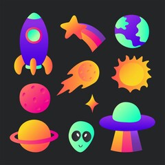 set of space icons. planets cartoon style. isolated on black background. vector illustration.