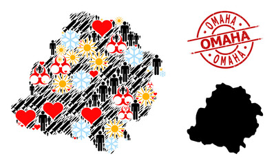 Scratched Omaha stamp, and lovely demographics Covid-2019 treatment mosaic map of Lodz Province. Red round seal includes Omaha title inside circle. Map of Lodz Province mosaic is done from frost,