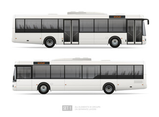 White City Bus template isolated on white background. Realistic Vector Passenger Bus for mockup, brand identity design and advertising presentation. Side view Long Passenger bus