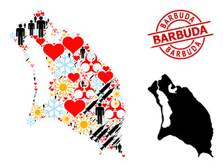 Scratched Barbuda stamp, and winter humans Covid-2019 treatment collage map of Barbuda Island. Red round stamp seal includes Barbuda caption inside circle.