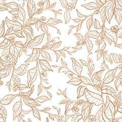 Seamless pattern. Tea twig, golden leaves, flower