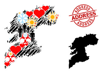 Distress Address stamp, and winter demographics vaccine mosaic map of Pontevedra Province. Red round seal has Address text inside circle. Map of Pontevedra Province mosaic is made from winter,