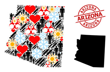 Distress Arizona stamp seal, and sunny humans vaccine collage map of Arizona State. Red round stamp seal has Arizona tag inside circle. Map of Arizona State collage is designed with cold, sun,