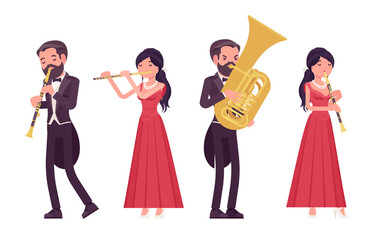Musician, man, woman playing trumpet, professional wind instruments. Classical music event, concert, wedding party art performance. Vector flat style cartoon illustration isolated, white background