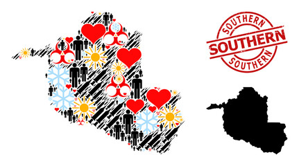 Distress Southern badge, and sunny demographics vaccine collage map of Rondonia State. Red round badge includes Southern tag inside circle. Map of Rondonia State mosaic is designed of snow, sunny,