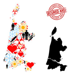Grunge Secured Area stamp seal, and sunny people inoculation mosaic map of North Holland. Red round seal has Secured Area title inside circle. Map of North Holland mosaic is constructed with frost,