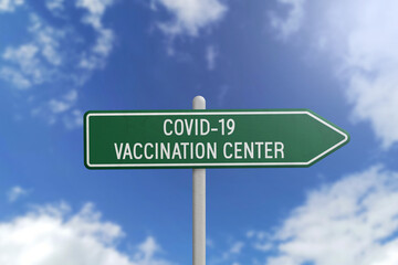 COVID-19 Vaccination centre - green road sign on sky background