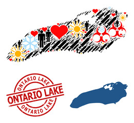 Textured Ontario Lake seal, and heart demographics infection treatment collage map of Ontario Lake. Red round stamp seal has Ontario Lake caption inside circle.