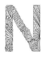 Mandala letter N monogram, adult coloring book, engraving design. Vector illustration.