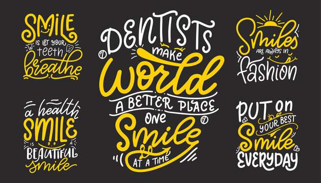 Set of smile hand drawn lettering quote. Typography design poster. Possitive lifestyle slogan for banner or card. Vector illustration